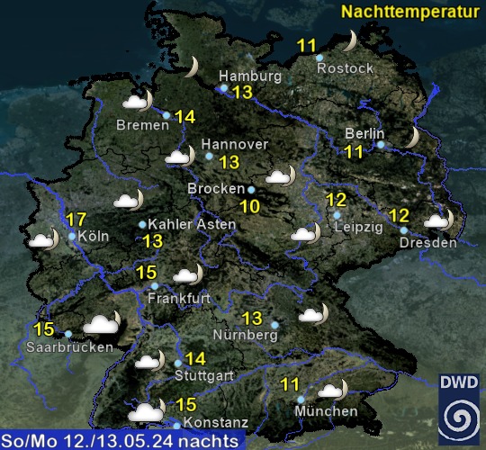 Vorhersage für heute nacht mit Tiefsttemperatur und Wetter für Deutschland