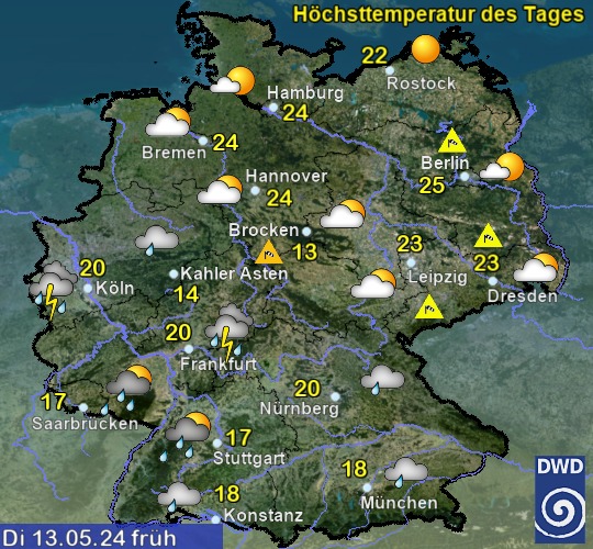 Vorhersage für Deutschland für den 4. Tag spät mit Temperatur und Wetter