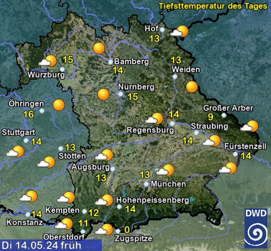 Vorhersage für heute früh mit Tiefsttemperatur und Wetter für Region Suedost