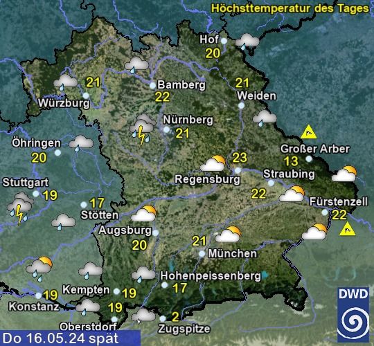 Vorhersage für morgen mit Höchsttemperatur und Wetter für Region Suedost