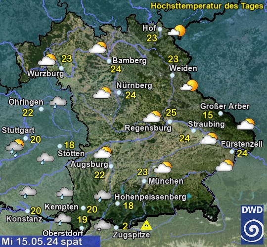Vorhersage für 4. Tag mit Höchsttemperatur und Wetter für Region Suedost