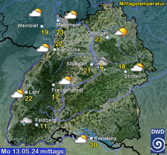 Vorhersage für heute mit Mittagstemperatur und Wetter für Region Suedwest