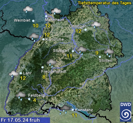 Vorhersage für 4. Tag früh mit Tiefsttemperatur und Wetter für Region Suedwest