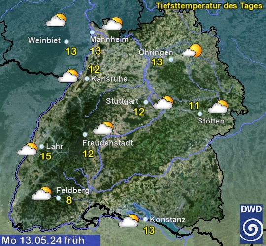 Vorhersage für übermorgen früh mit Tiefsttemperatur und Wetter für Region Suedwest
