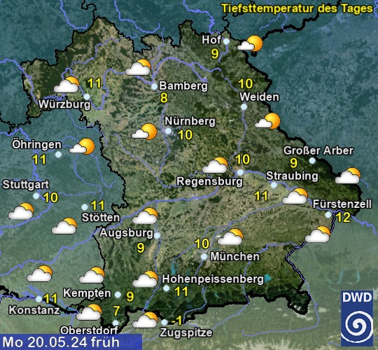 Vorhersage für 4. Tag früh mit Tiefsttemperatur und Wetter für Region Suedost