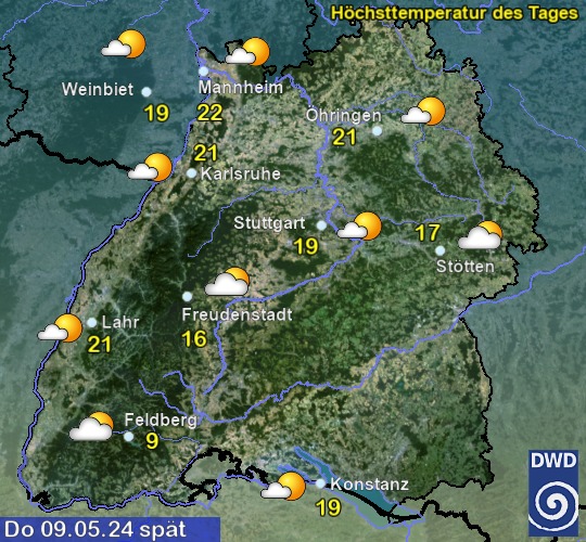 Vorhersage für heute mit Höchsttemperatur und Wetter für Region Suedwest