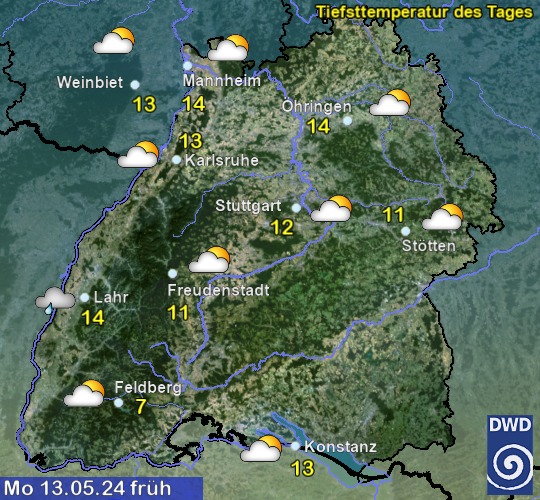 Vorhersage für 4. Tag früh mit Tiefsttemperatur und Wetter für Region Suedwest